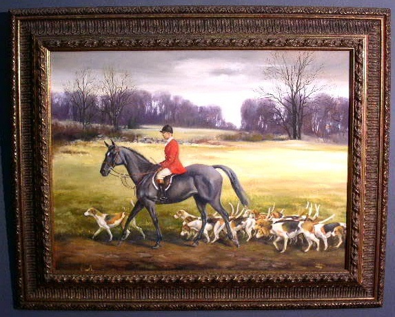 Appraisal: Oil on canvas painting of a foxhunter with pack of