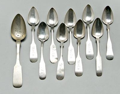 Appraisal: Nine coin silver spoons all with fiddle handles six with