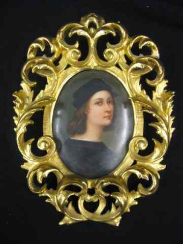 Appraisal: Miniature Painting on Porcelain of Italian Boy Italian carved gilt