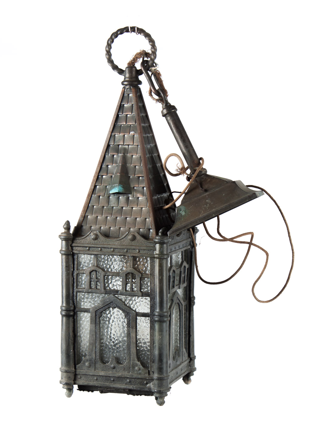 Appraisal: Gothic style metal and glass hanging light early th century