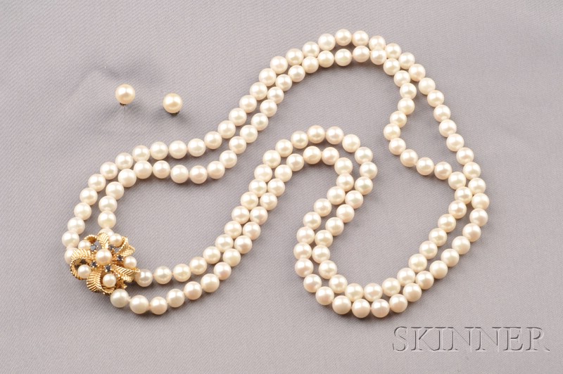 Appraisal: kt Gold Cultured Pearl and Sapphire Double-strand Necklace composed of