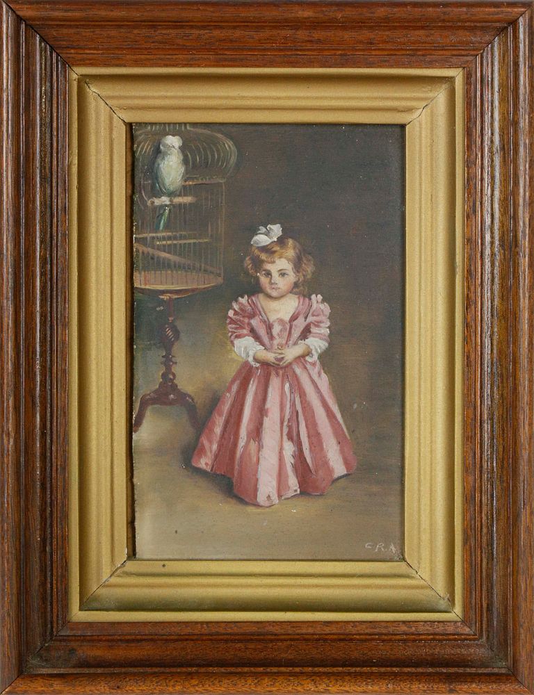 Appraisal: Miniature Oil on Board Girl With Bird Cage Miniature Oil