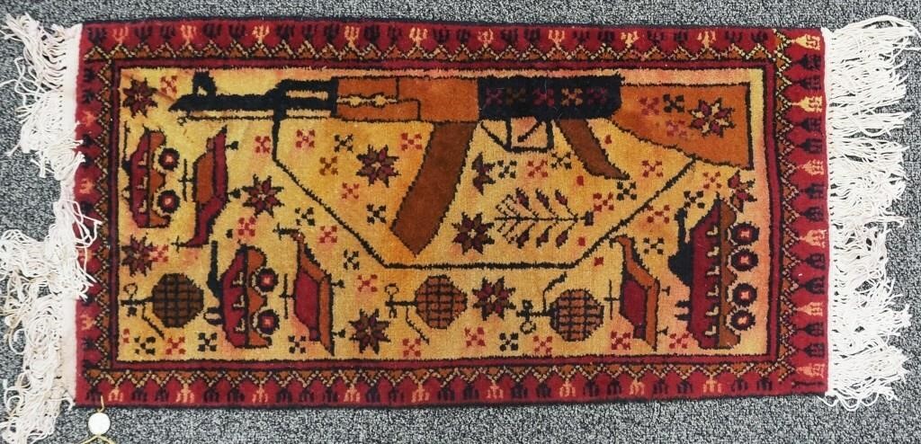 Appraisal: Afghan tribal handmade war rug Machine gun helicopters tanks grenades