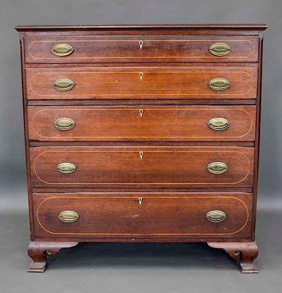 Appraisal: Early 's Inlaid Chippendale Chest w Desk Early 's Inlaid