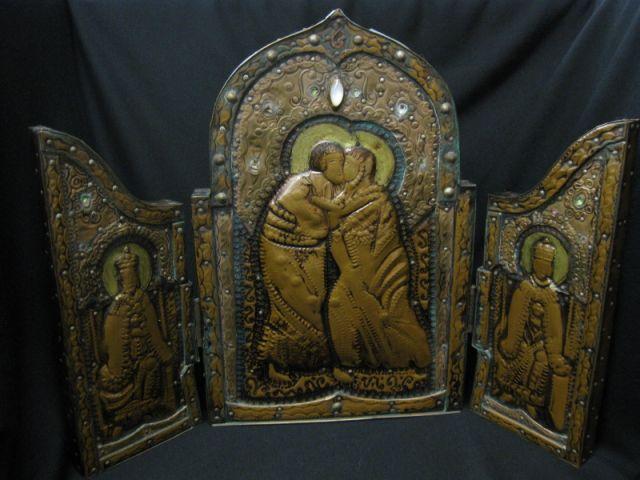 Appraisal: Religious Icon tri-fold figures on bas-relief copperwork on wood tall