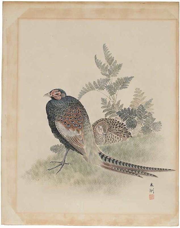 Appraisal: Japanese Watercolor of Two Pheasants probably th century pair of