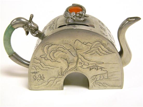 Appraisal: Chinese late th century an etched pewter teapot with carnelian