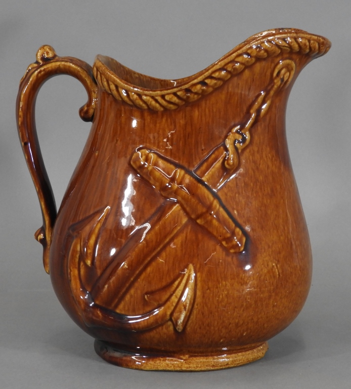 Appraisal: STEAMER MOUNT HOPE BROWN MAJOLICA WATER PITCHER United States Circa