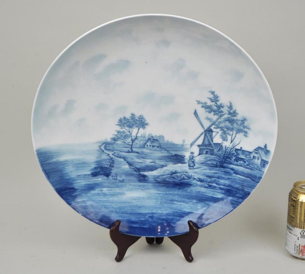 Appraisal: German Delft B W Charger Landscape Windmill Scene marked Rosenthal