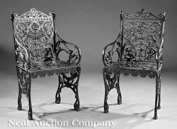 Appraisal: A Pair of American Cast Iron Armchairs th c each