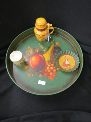 Appraisal: pcs Tole Decorated Tin including tray with fruit syrup pitcher