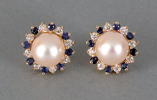 Appraisal: K yellow gold pearl diamond and blue sapphire earrings mm