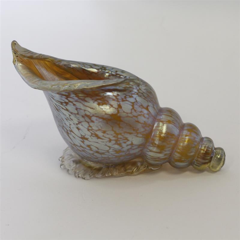 Appraisal: Loetz Art Glass Gold Iridescent Conch Shell Vase The tip