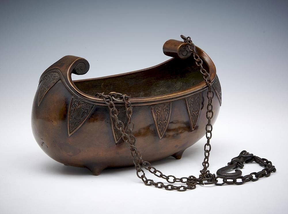 Appraisal: Japanese Meiji era hanging bronze censer Japanese Meiji era hanging