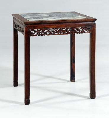 Appraisal: Chinese hardwood square table inset dreamstone top skirt carved with