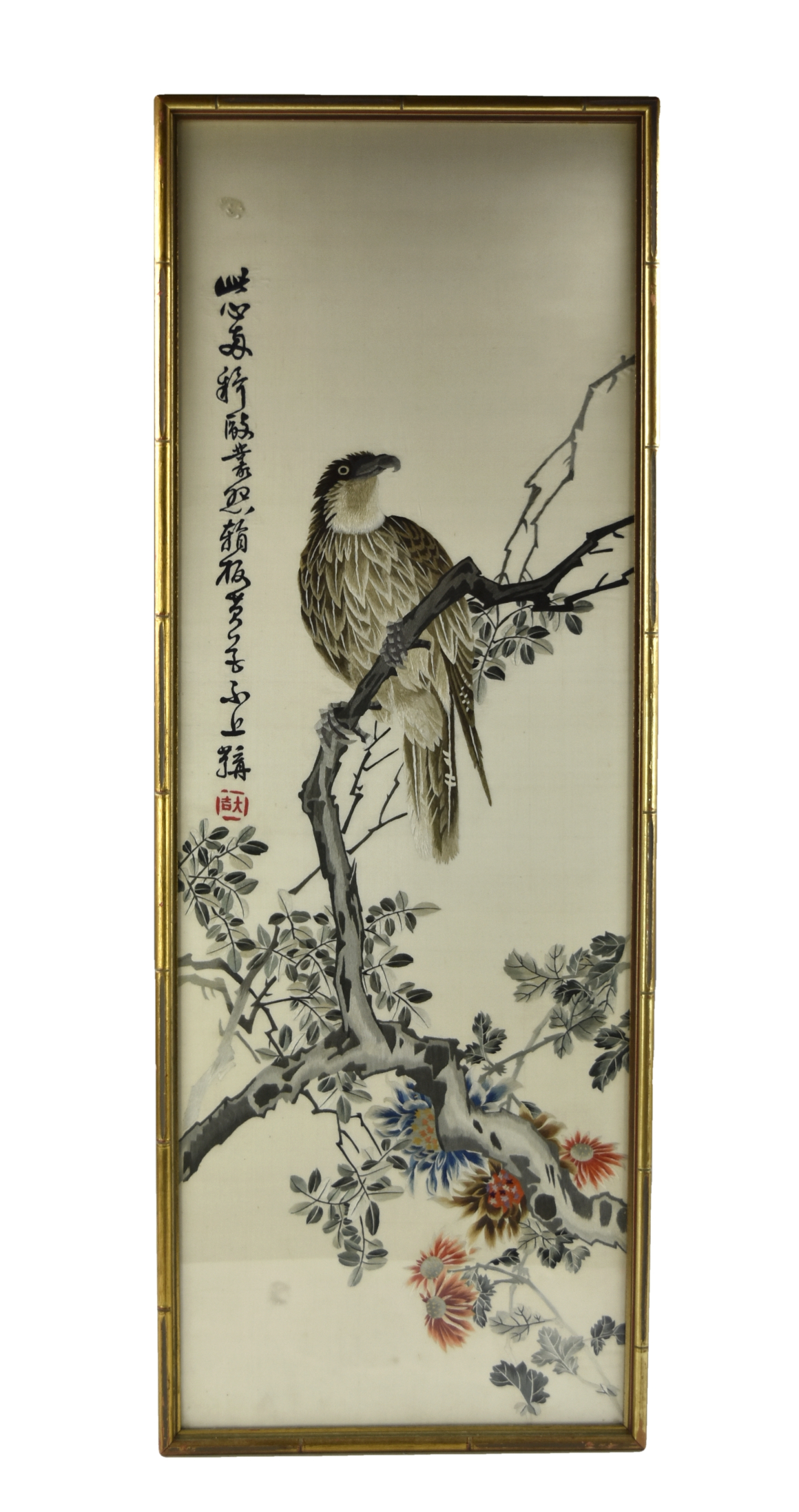 Appraisal: embroidery painting depicting a large bird perched on a twig