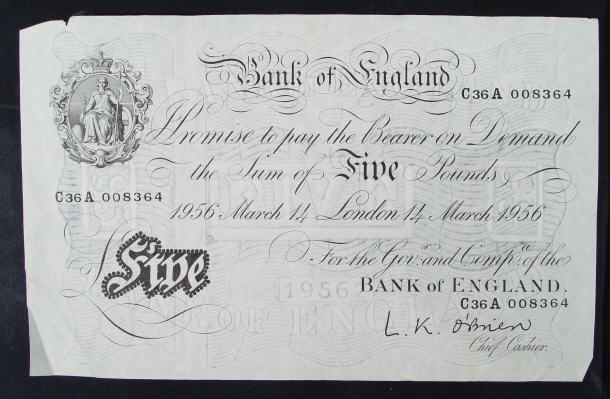 Appraisal: White Bank of England note O'Brien No C A