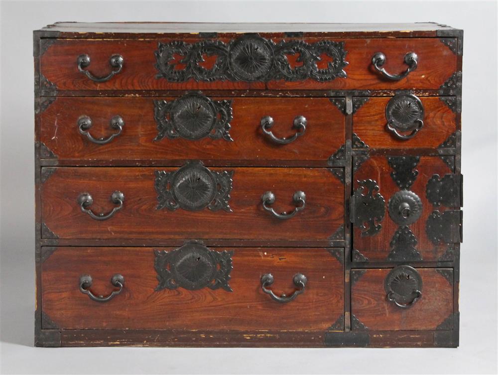 Appraisal: JAPANESE IRON-BOUND TANSU the rectangular case fitted with a long