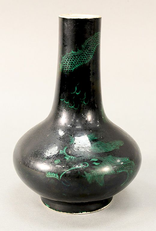 Appraisal: Mirror black and green dragon globular vase China th th