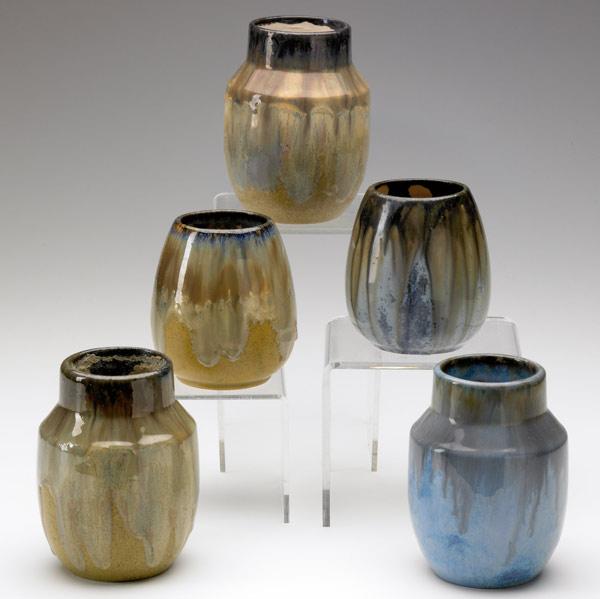 Appraisal: FULPER Five cabinet vessels covered in Chinese blue or Ivory