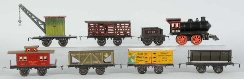 Appraisal: German Bing O-Gauge Freight Train Set Description Pre-war Tin-plate Wind-up