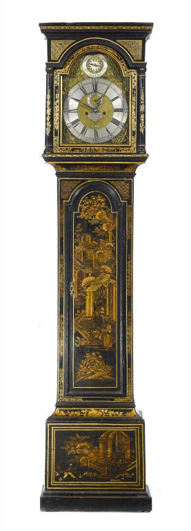 Appraisal: A GEORGE III JAPANNED LONGCASE CLOCK the break-arched brass dial