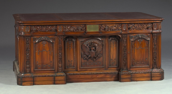 Appraisal: Stately English Highly Carved Mahogany Double-Pedestal Presidential Oval Office Desk