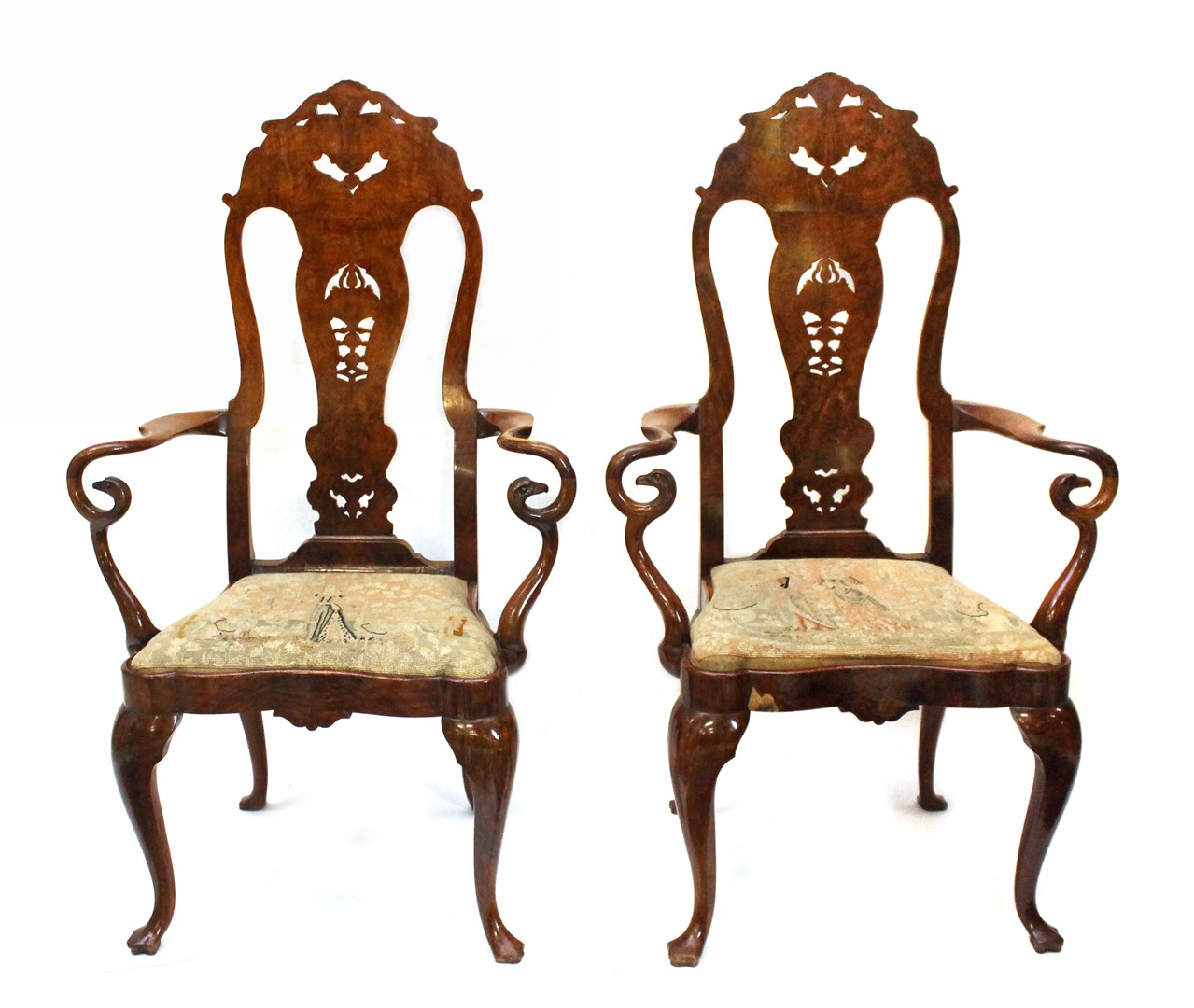 Appraisal: A pair of Queen Anne Anglo-Dutch style walnut armchairs each