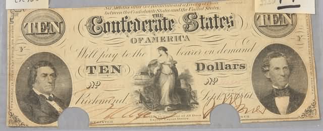 Appraisal: Ten dollar Confederate note September issue Friedberg CS- Some wear