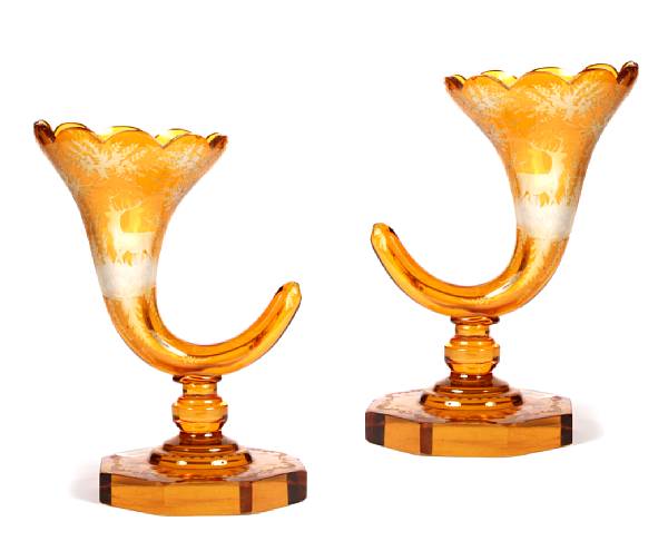 Appraisal: A pair of amber etched glass cornucopia form vases height