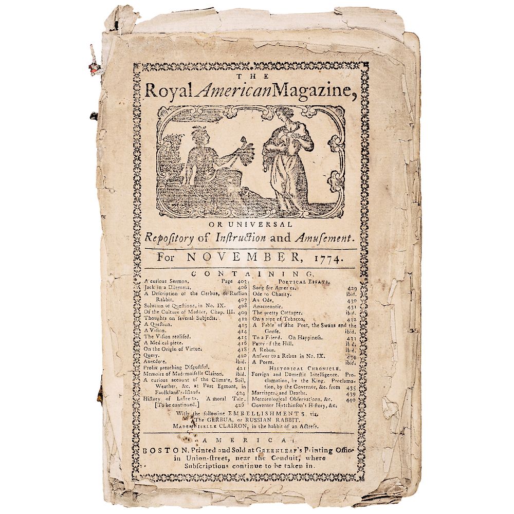 Appraisal: PAUL REVERE Engraved Royal American Magazine Masthead Cover Page November