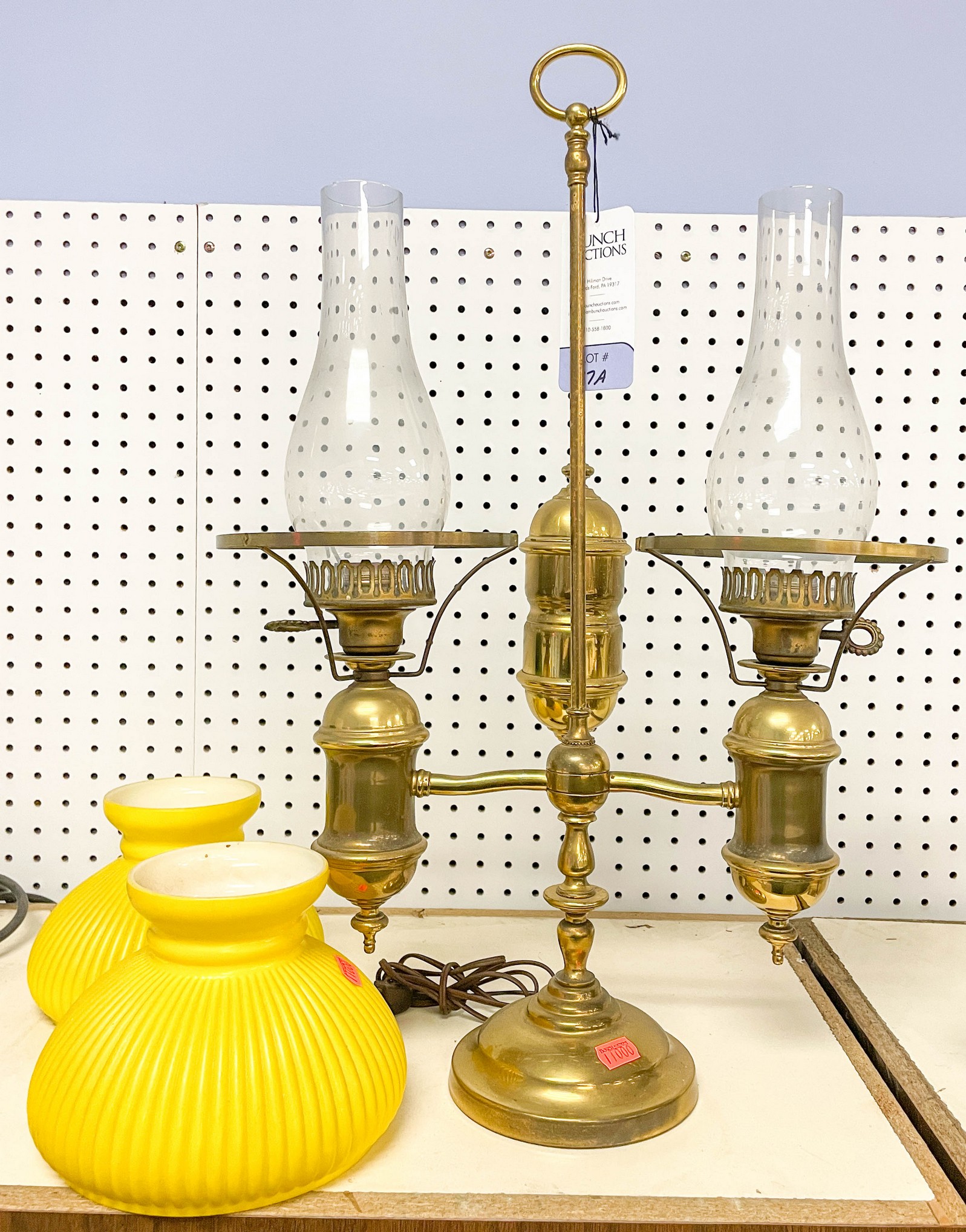 Appraisal: Brass converted double student lamp yellow cased glass shades -