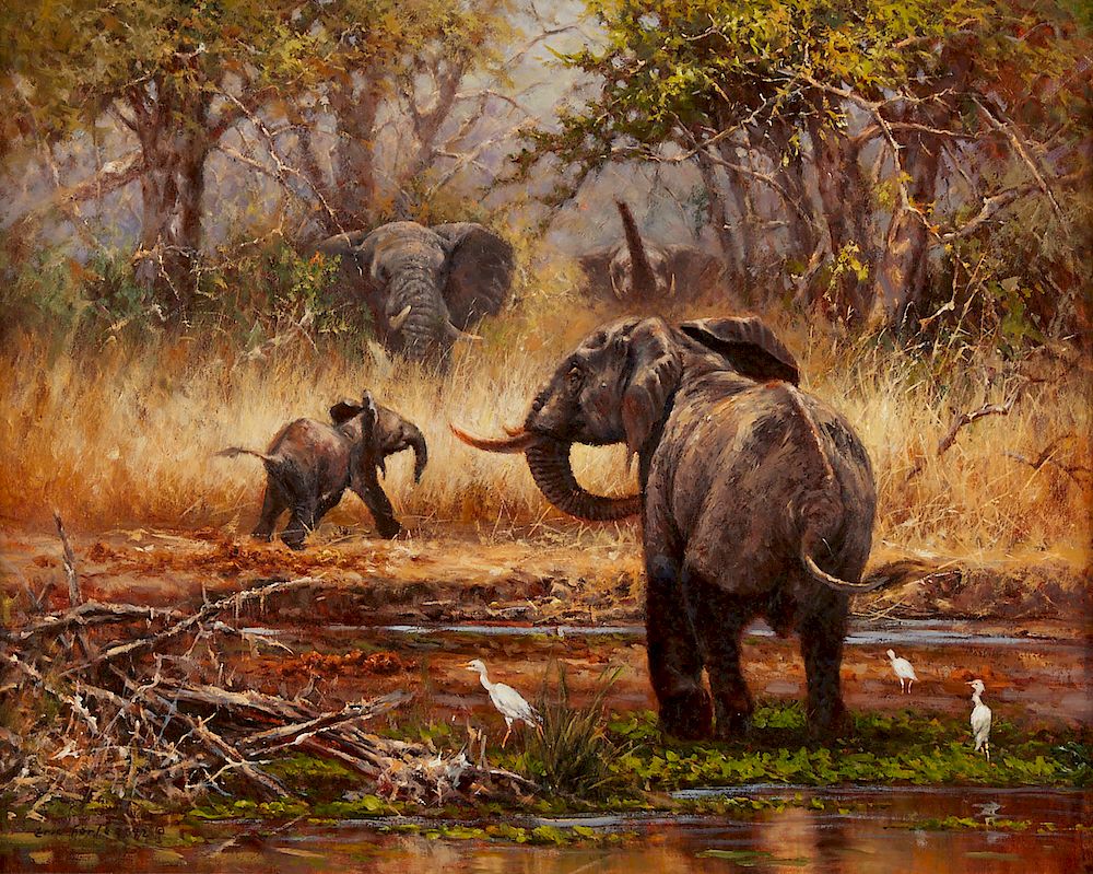 Appraisal: Eric Forlee African Elephants Painting Oil on Canvas Eric Forlee