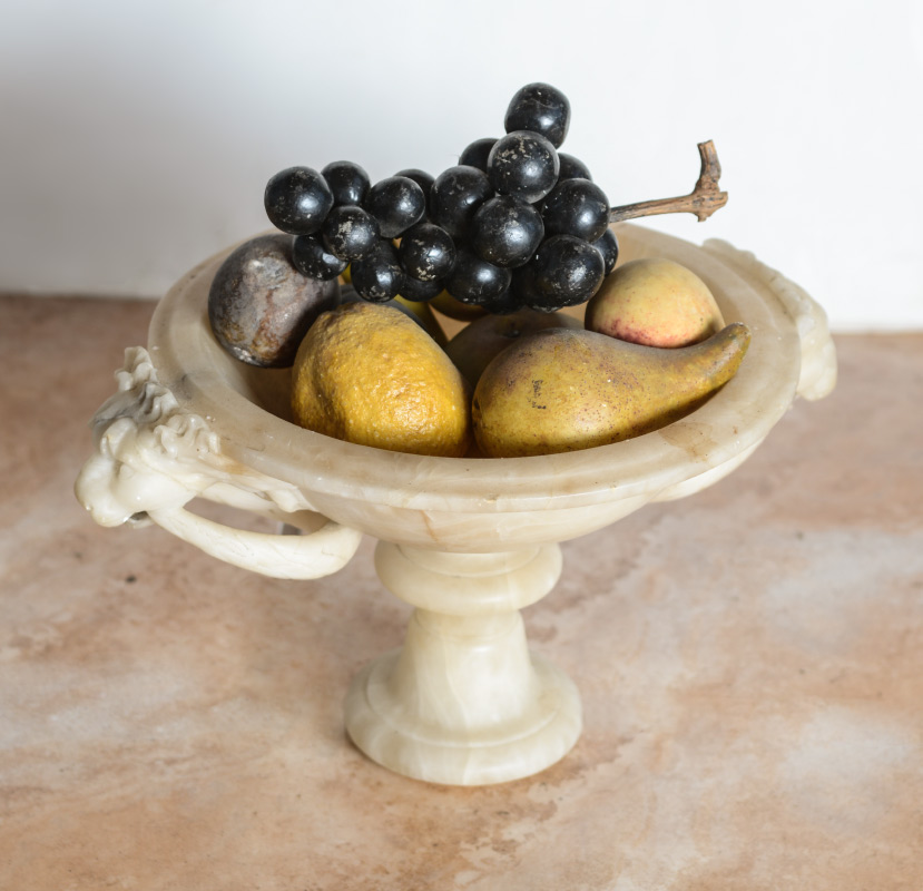 Appraisal: ITALIAN CARVED ALABASTER LION HEAD COMPOTE WITH STONE FRUIT pieces