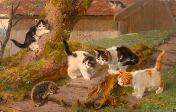 Appraisal: ADAM JULIUS Munich Five cats and a hedgehog Oil on