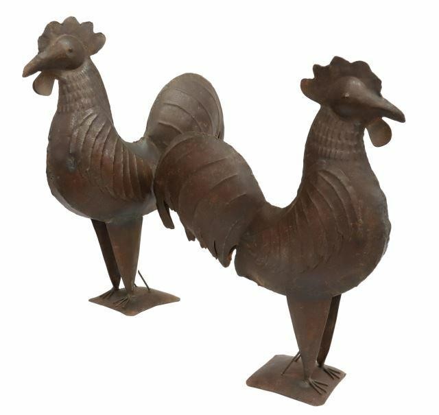 Appraisal: pair Oxidized steel rooster sculptures st c each standing on