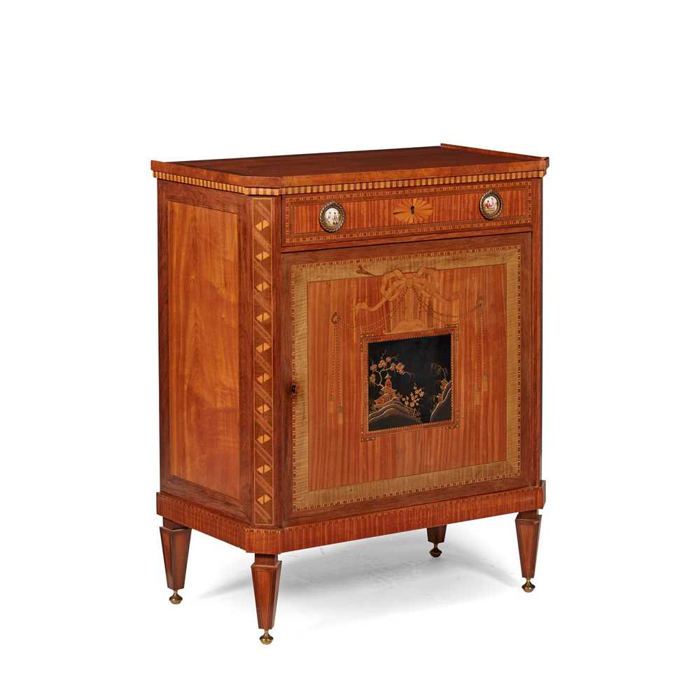 Appraisal: DUTCH NEOCLASSICAL STYLE MAHOGANY SATINWOOD MARQUETRY AND LACQUER CABINET TH