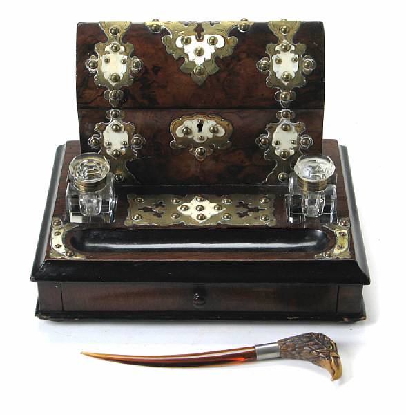 Appraisal: A Napoleon III walnut brass and ivory strapwork inkstand together