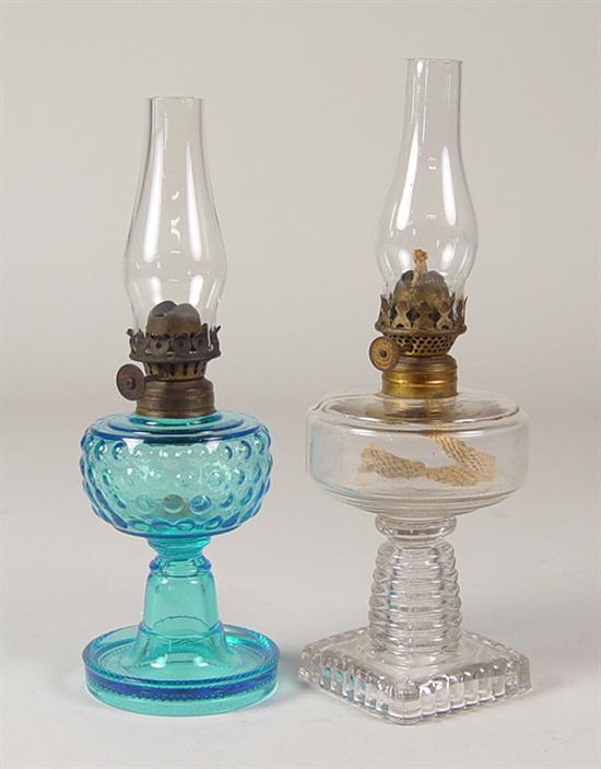 Appraisal: Two Miniature Oil Lamps Blue hobnail lamp on pedestal with