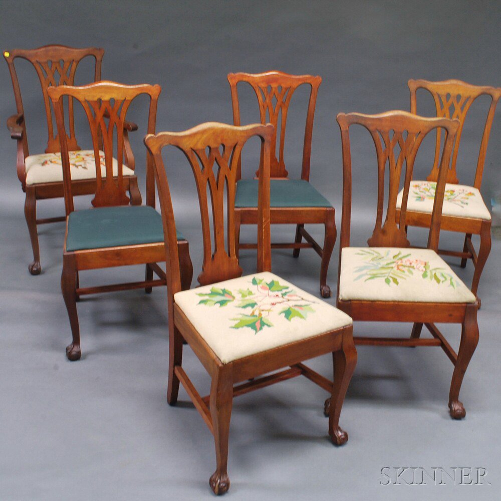 Appraisal: Set of Six Chippendale-style Walnut Dining Chairs one armchair and