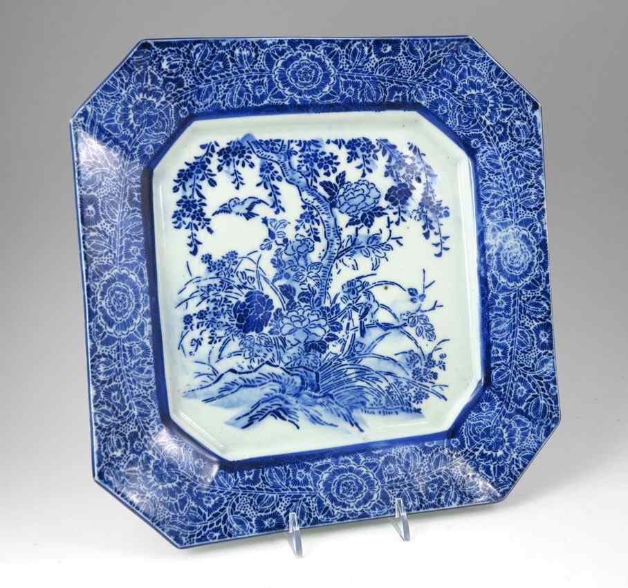 Appraisal: MEIJI PERIOD JAPANESE SOMETSUKE PORCELAIN CHARGER Blue underglaze square shape