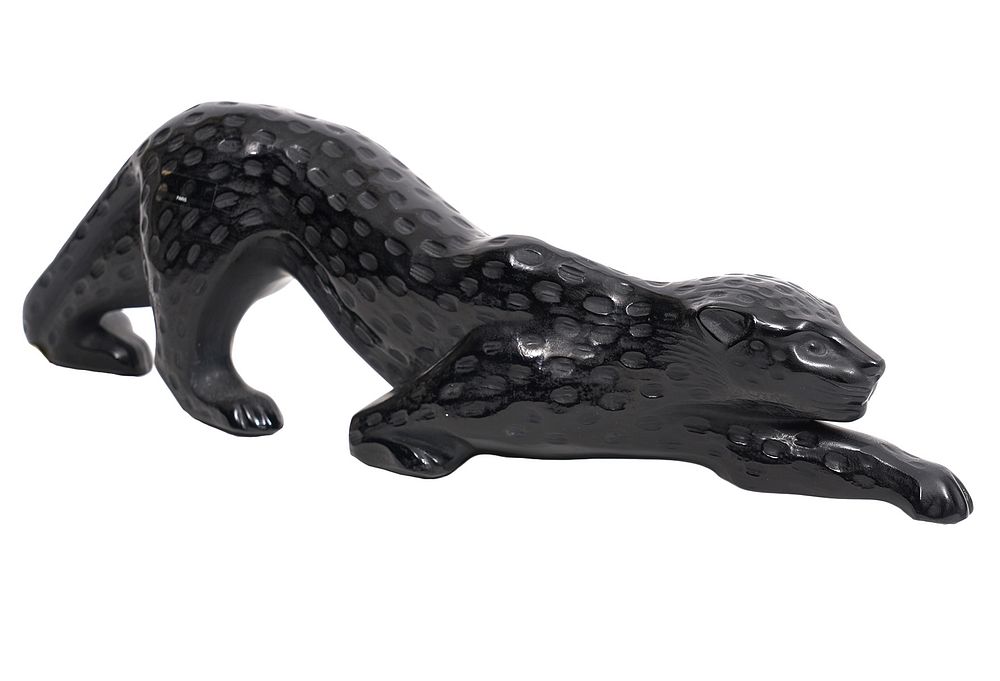 Appraisal: Lalique Black Art Glass Leopard Sculpture Lalique black spotted art