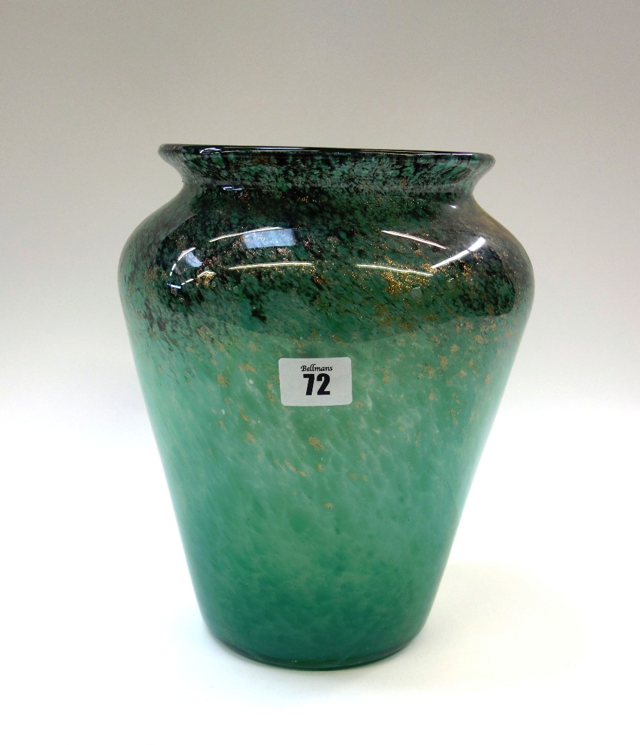 Appraisal: A Monart glass baluster vase green with black and gold