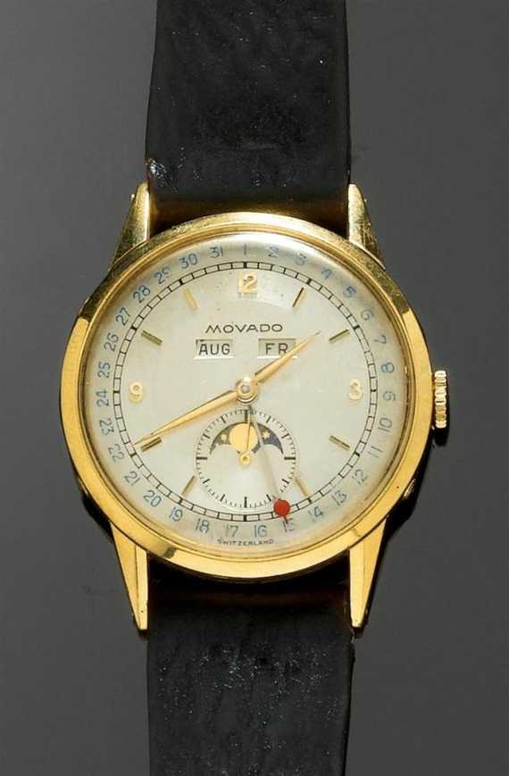 Appraisal: GENTLEMAN'S WRISTWATCH MOON PHASE WITH CALENDAR MOVADO ca Yellow gold