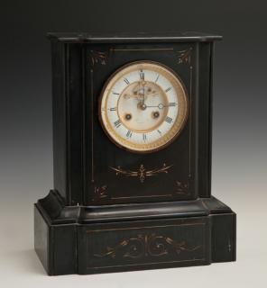 Appraisal: French Shaped Black Marble Mantle Clock c time and strike