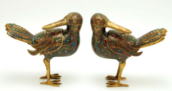 Appraisal: A pair of cloisonne bird figures with removeable wings revealing