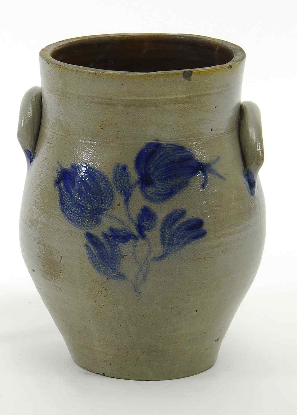 Appraisal: ANTIQUE AMERICAN OVOID GRAY STONEWARE CROCKCirca With cobalt blue floral