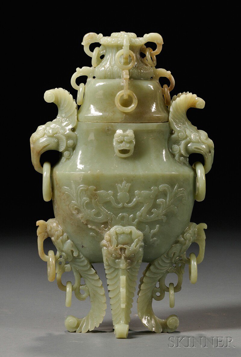 Appraisal: Stone Covered Censer China flattened hu shape carved with chilong