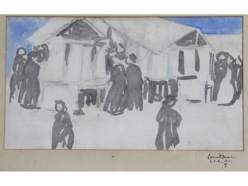 Appraisal: Watercolour sketch of figures by a building indistinctly signed or