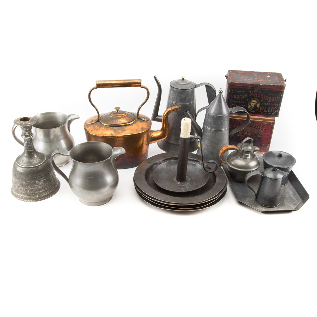 Appraisal: Assortment of early metalware including four th century pewter plates